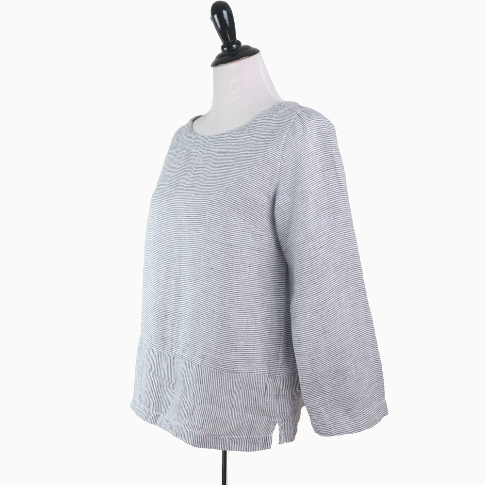 Tahari Size S Woven Linen Boxy Top Lagenlook Gray White Stripe